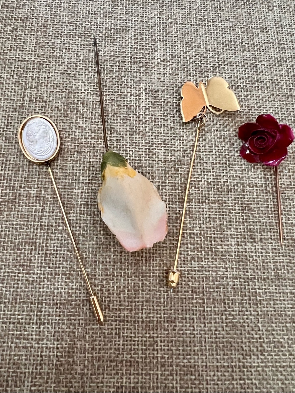 Gold Tone Floral and Stick Pins - Pink Rose and Gold Accents